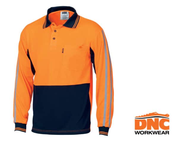 Hi-Vis Cool Breathe Stripe L/S Polo Orange/Navy