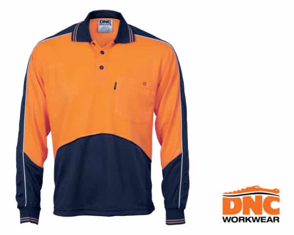 Hi-Vis Cool Breathe Panel L/S Polo Orange/Navy