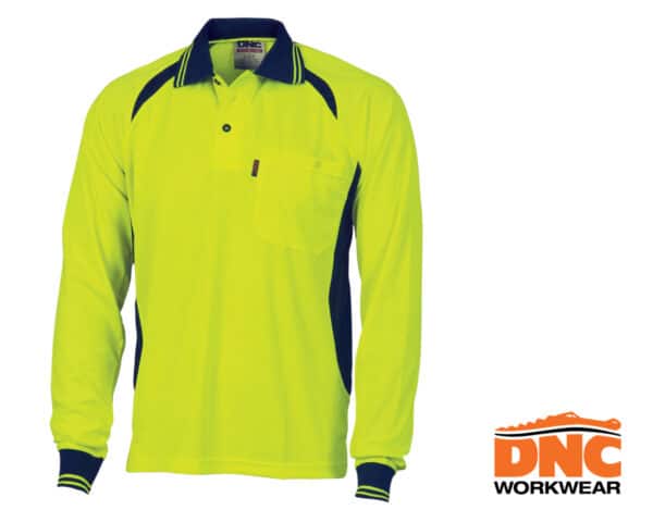 Hi-Vis Cool Breeze Contrast Mesh L/S Polo Yellow/Navy