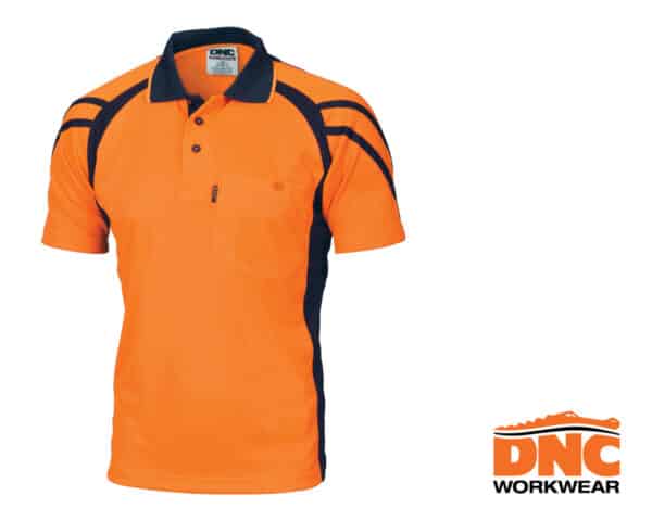 Hi-Vis Cool Breathe Stripe Panel S/S Polo Orange/Navy