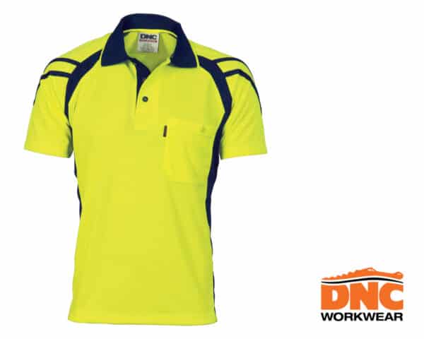 Hi-Vis Cool Breathe Stripe Panel S/S Polo Yellow/Navy