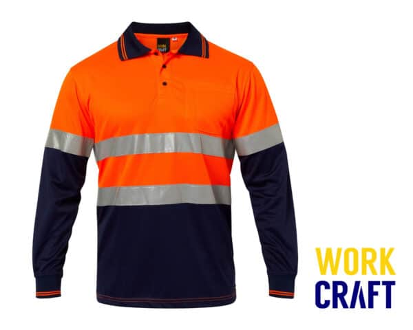 Hi-Vis Micromesh Reflective L/S Polo w/ Pocket Orange/Navy